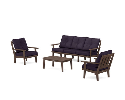 POLYWOOD® Oxford 4-Piece Deep Seating Set with Sofa in Mahogany / Navy Linen