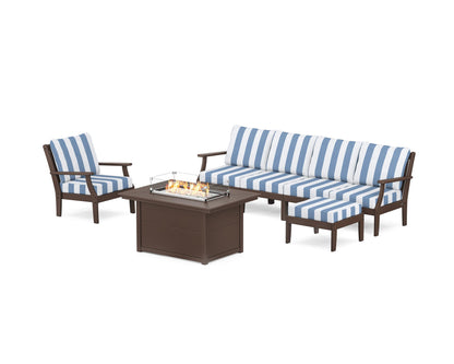 POLYWOOD® Braxton Sectional Lounge and Fire Pit Set in Mahogany / Cabana Stripe Sky Blue