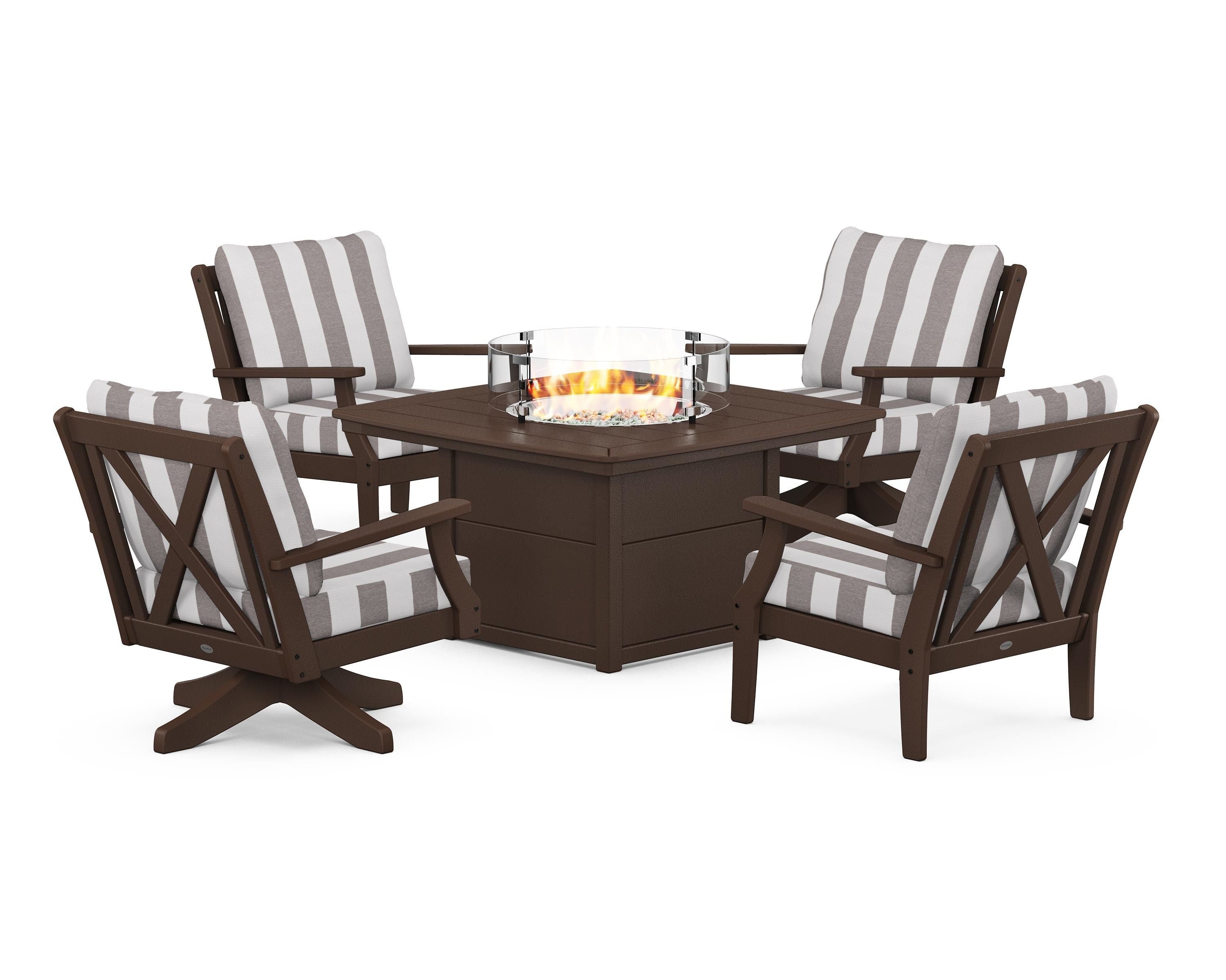 POLYWOOD® Braxton 5-Piece Deep Seating Set with Fire Table in Mahogany / Cabana Stripe Grey Mist