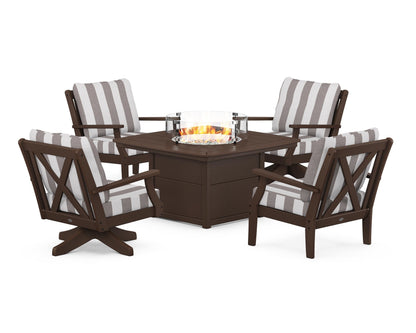 POLYWOOD® Braxton 5-Piece Deep Seating Set with Fire Table in Mahogany / Cabana Stripe Grey Mist