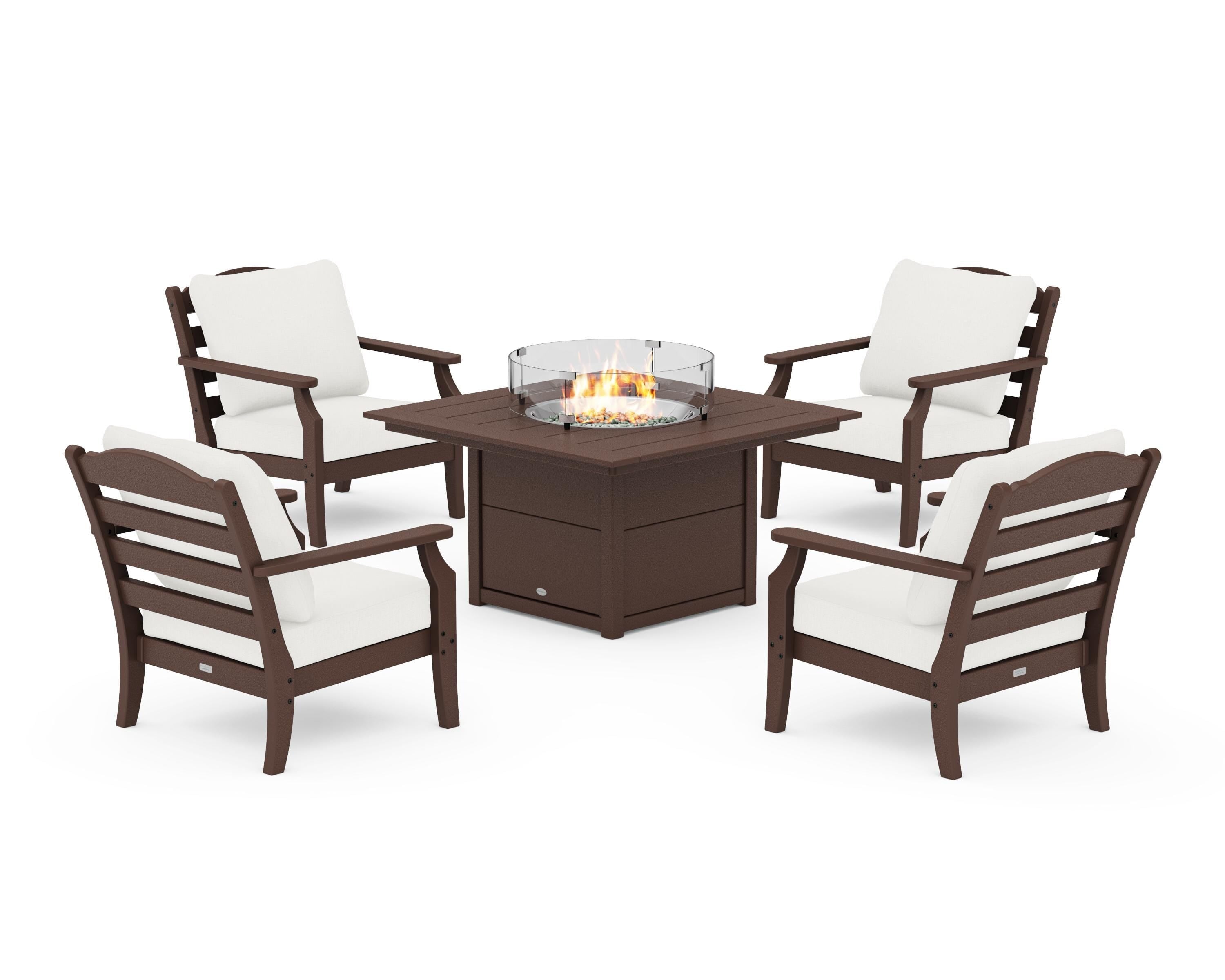 Draper James™ by  POLYWOOD® Savannah 5-Piece Deep Seating Set with Fire Pit Table in Mahogany / Natural Linen