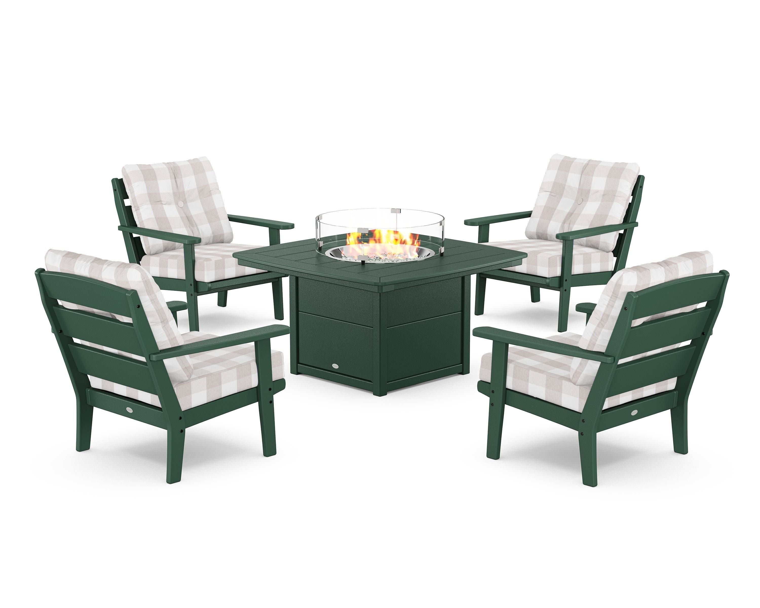 POLYWOOD® Lakeside 5-Piece Deep Seating Set with Nautical Fire Pit Table in Green / Buffalo Plaid Dune Burlap