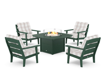 POLYWOOD® Lakeside 5-Piece Deep Seating Set with Nautical Fire Pit Table in Green / Buffalo Plaid Dune Burlap
