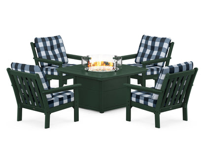 POLYWOOD® Vineyard 5-Piece Conversation Set with Fire Pit Table in Green / Buffalo Plaid Marine Indigo