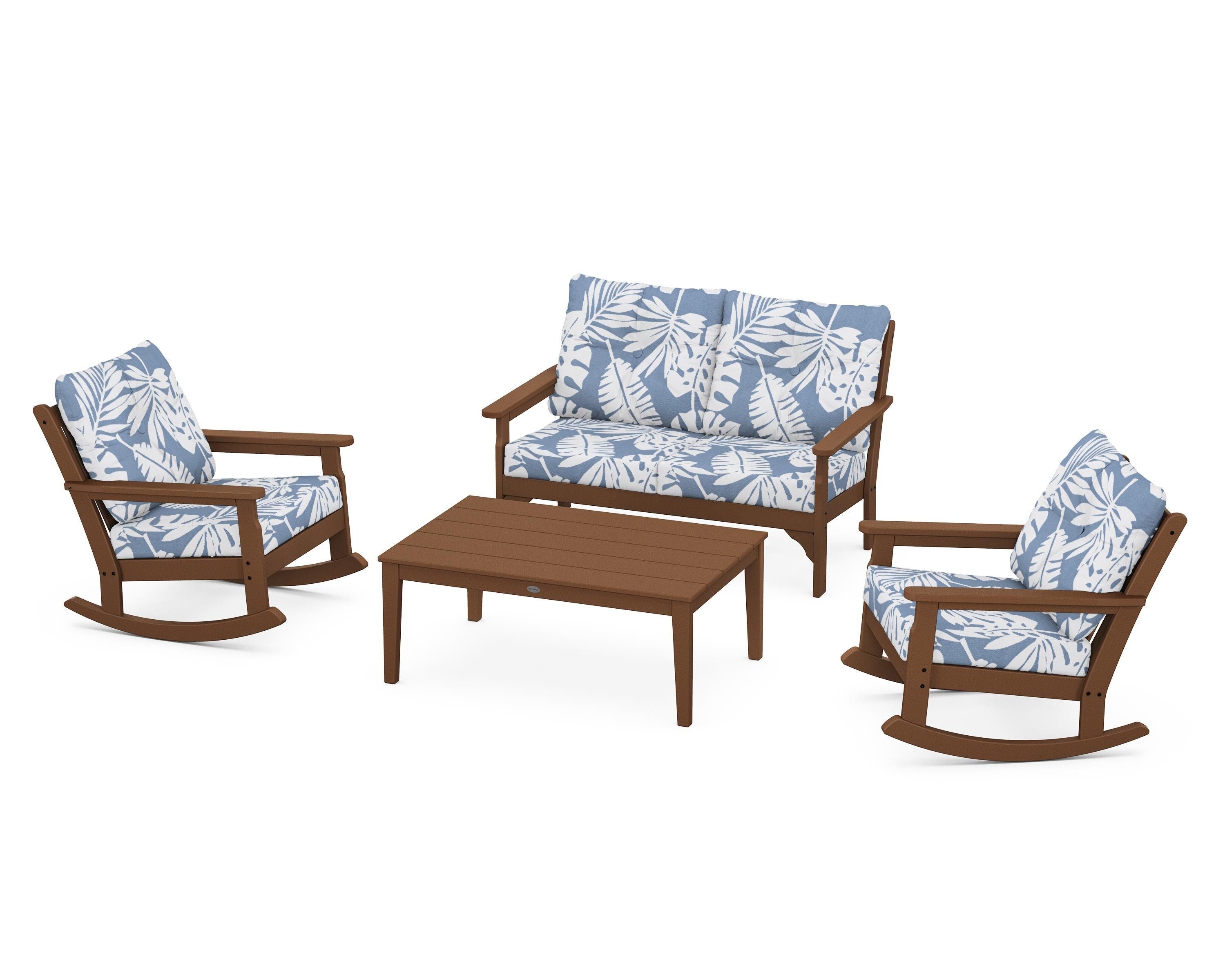 POLYWOOD® Vineyard 4-Piece Deep Seating Rocking Chair Set in Teak / Leaf Sky Blue