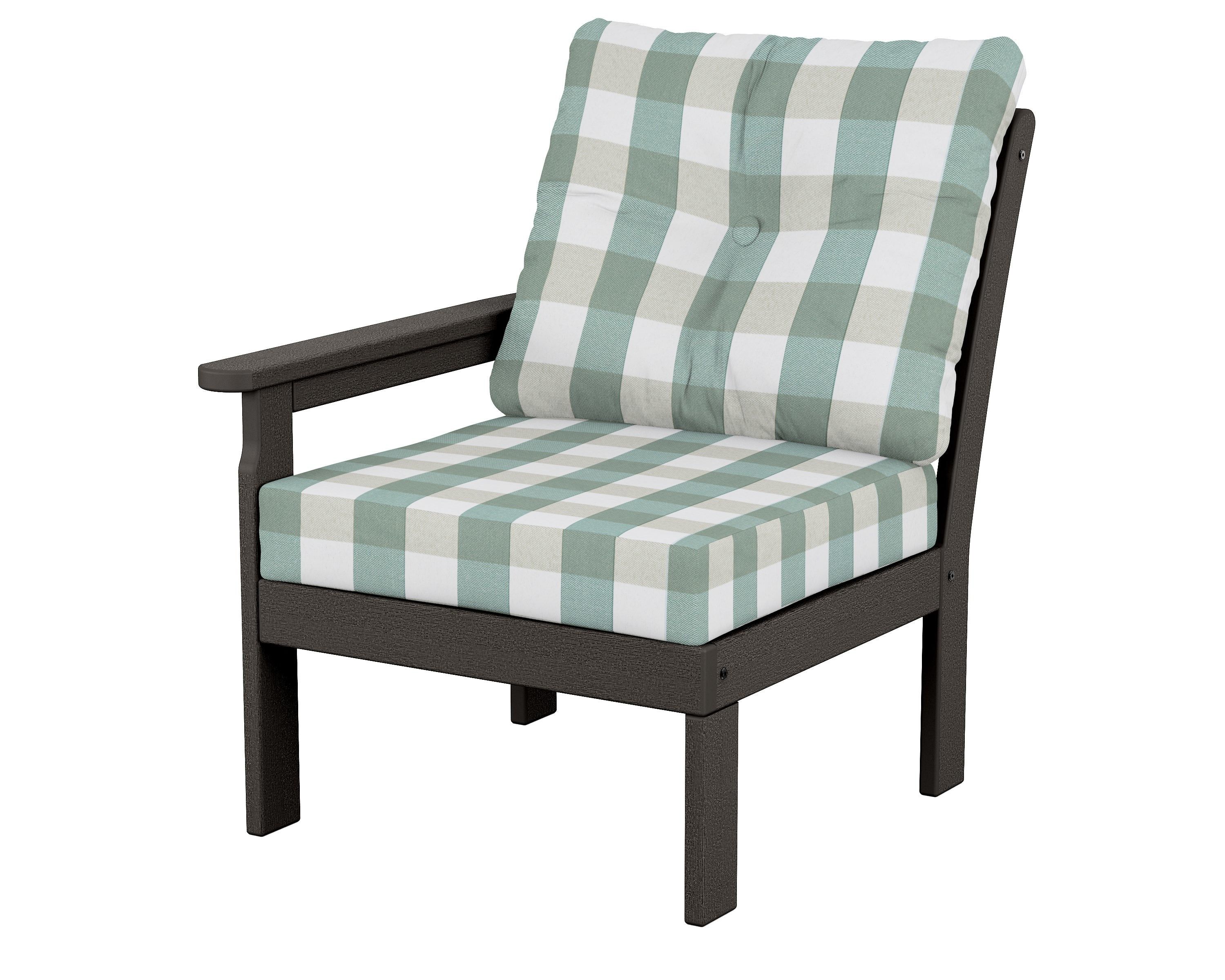 POLYWOOD® Vineyard Modular Left Arm Chair in Vintage Coffee / Buffalo Plaid Glacier Spa