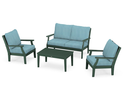 POLYWOOD® Braxton 4-Piece Deep Seating Chair Set in Green / Lattice Sky Blue