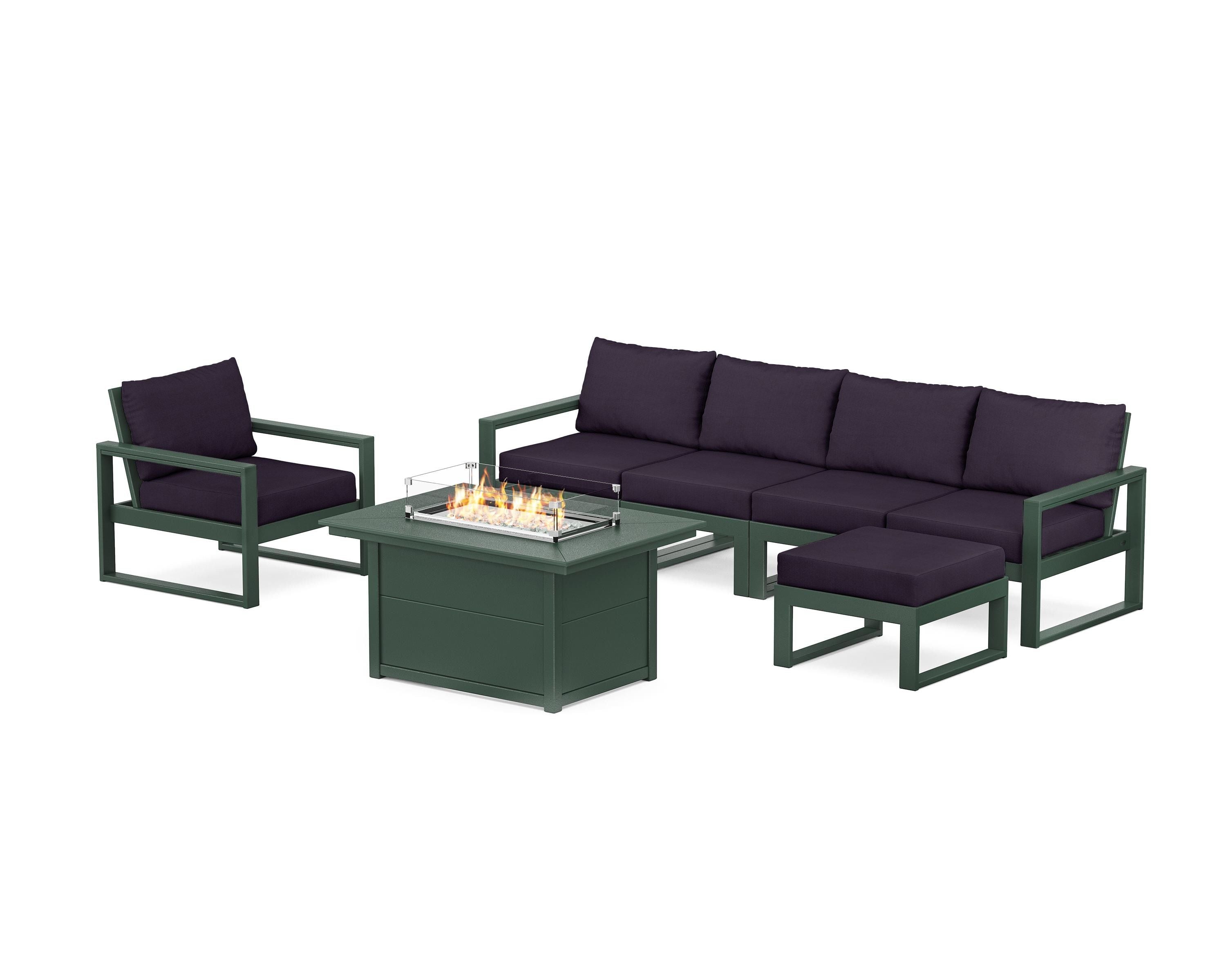 POLYWOOD® EDGE Sectional Lounge and Fire Pit Set in Green / Navy Linen