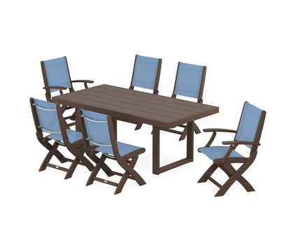 POLYWOOD® Coastal Folding Chair 7-Piece Dining Set with Trestle Legs in Mahogany / Poolside Sling
