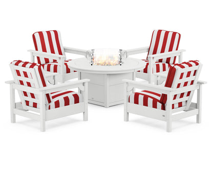POLYWOOD® Club 5-Piece Conversation Set with Fire Pit Table in White / Cabana Stripe Crimson