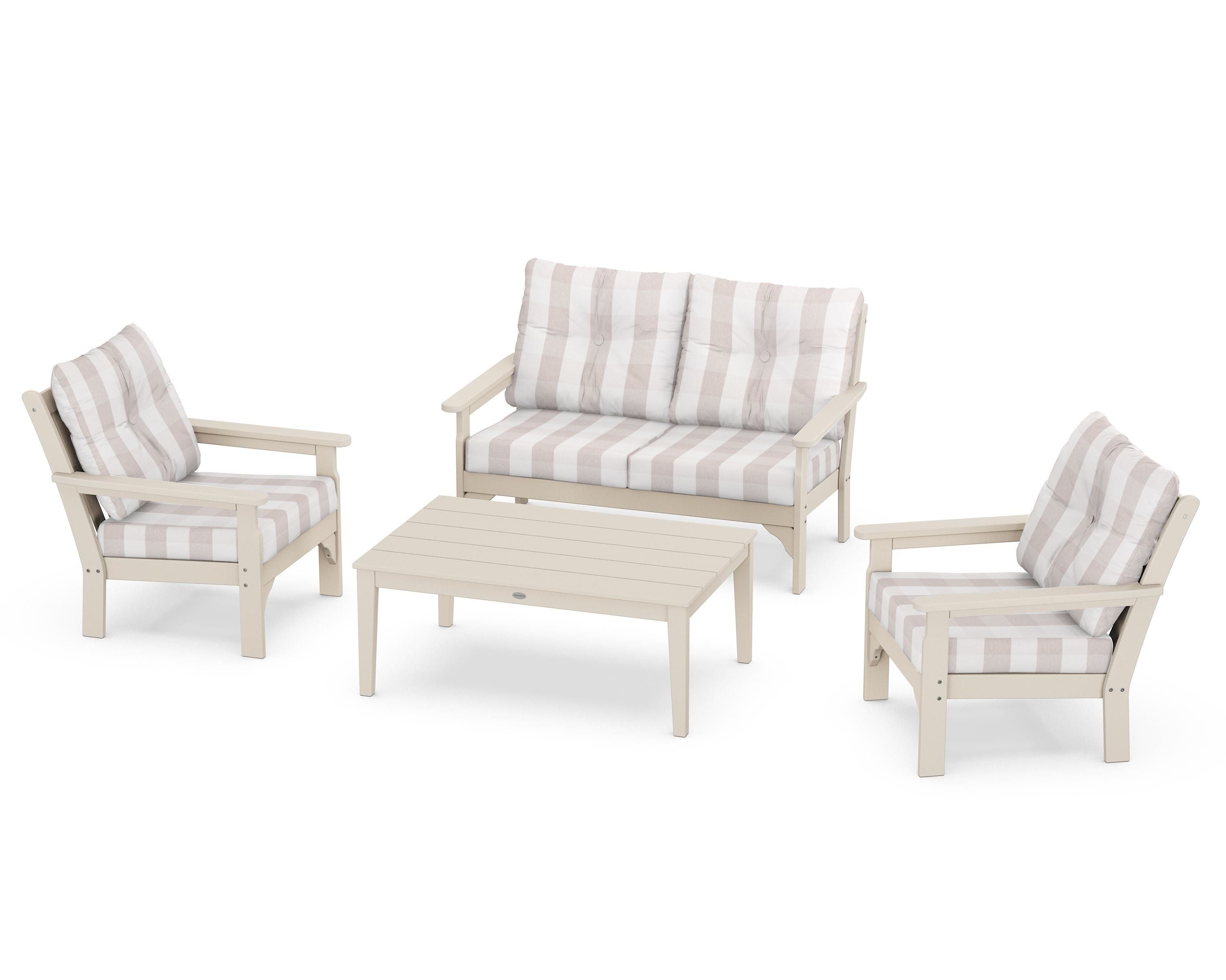 POLYWOOD® Vineyard 4-Piece Deep Seating Set in Sand / Buffalo Plaid Dune Burlap