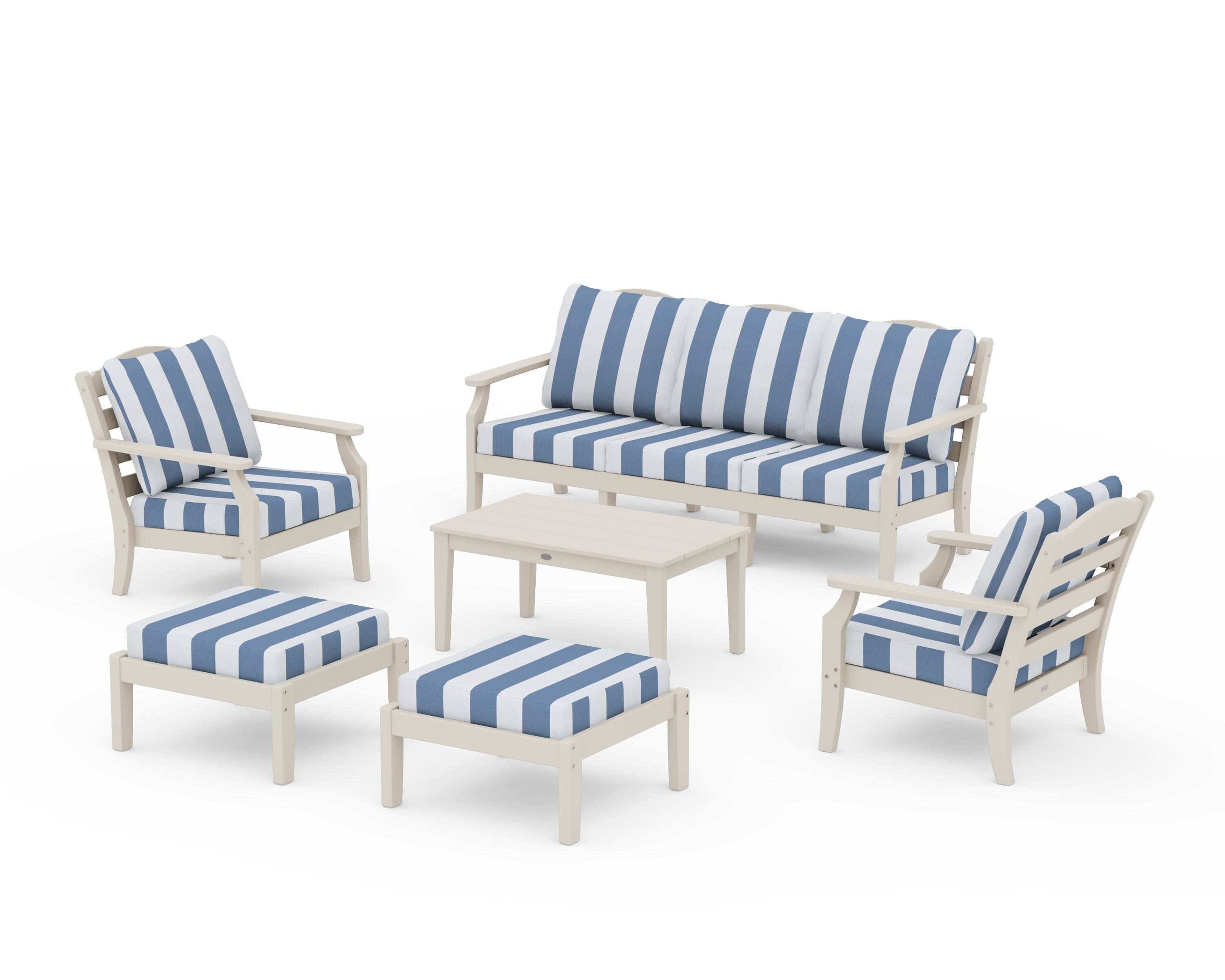Draper James™ by  POLYWOOD® Savannah 6-Piece Lounge Sofa Set in Sand / Cabana Stripe Sky Blue