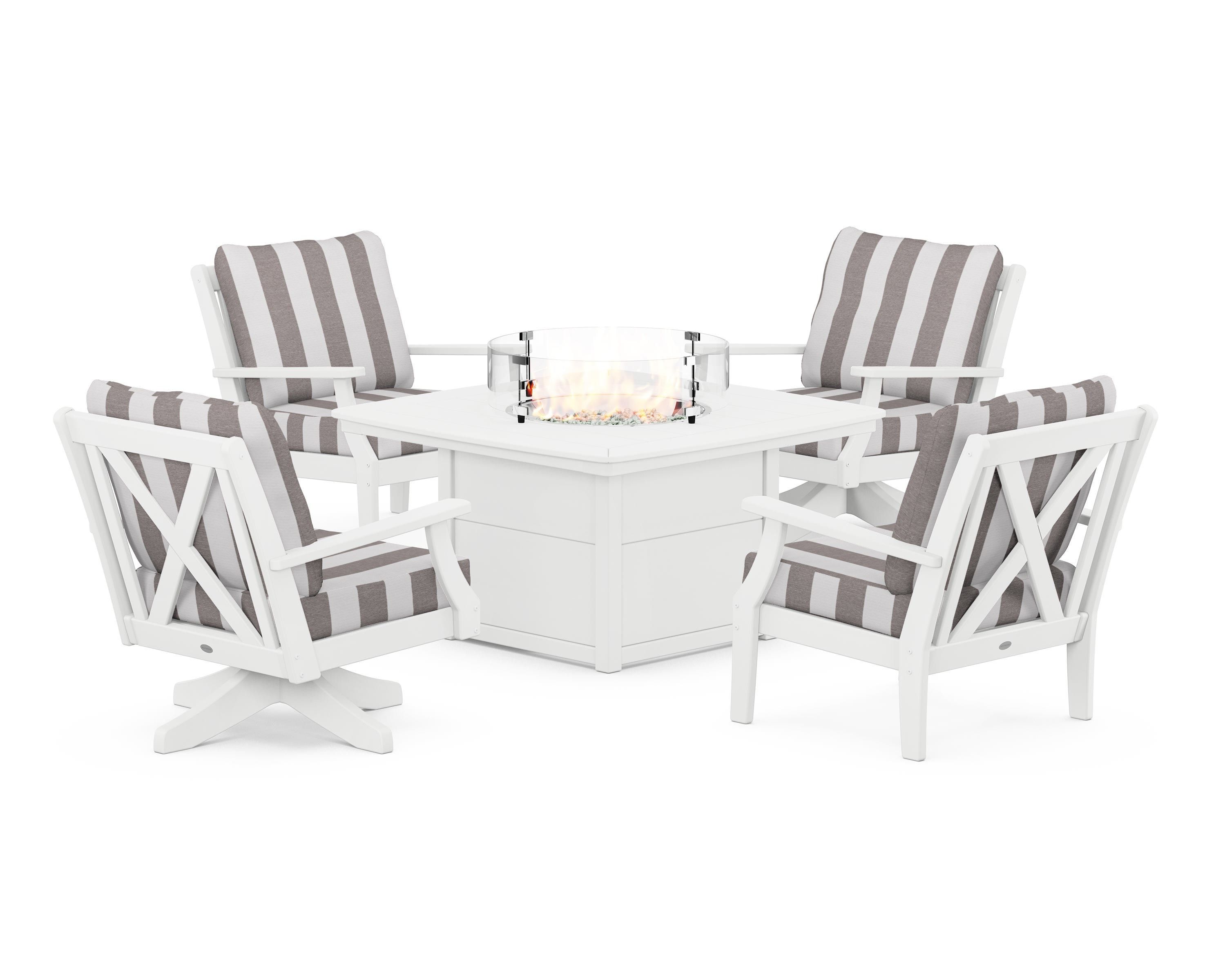 POLYWOOD® Braxton 5-Piece Deep Seating Set with Fire Table in White / Cabana Stripe Grey Mist