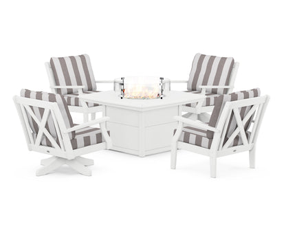 POLYWOOD® Braxton 5-Piece Deep Seating Set with Fire Table in White / Cabana Stripe Grey Mist