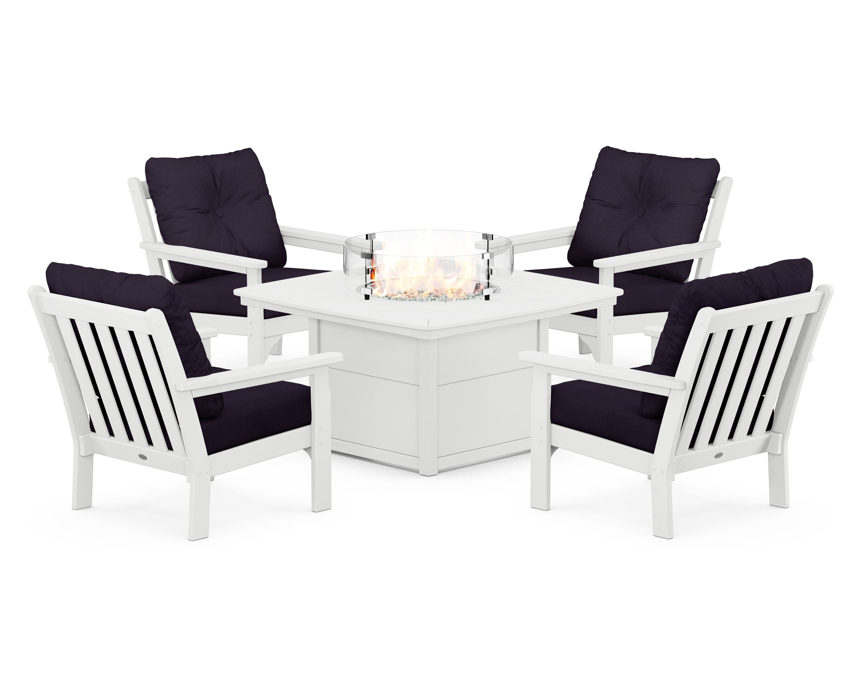 POLYWOOD® Vineyard 5-Piece Conversation Set with Fire Pit Table in White / Navy Linen