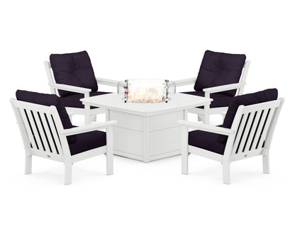 POLYWOOD® Vineyard 5-Piece Conversation Set with Fire Pit Table in White / Navy Linen