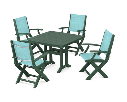 POLYWOOD® Coastal Folding Chair 5-Piece Dining Set with Trestle Legs in Green / Dupioni Aquamarine Sling