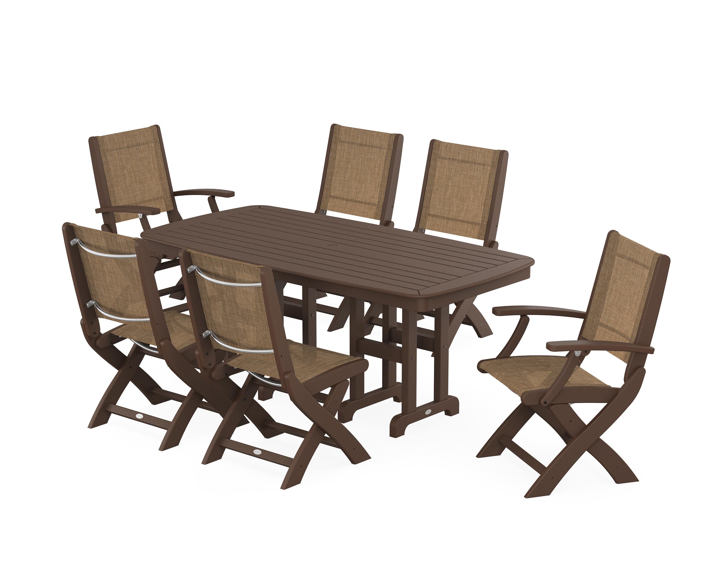 POLYWOOD® Coastal Folding Chair 7-Piece Dining Set in Mahogany / Burlap Sling