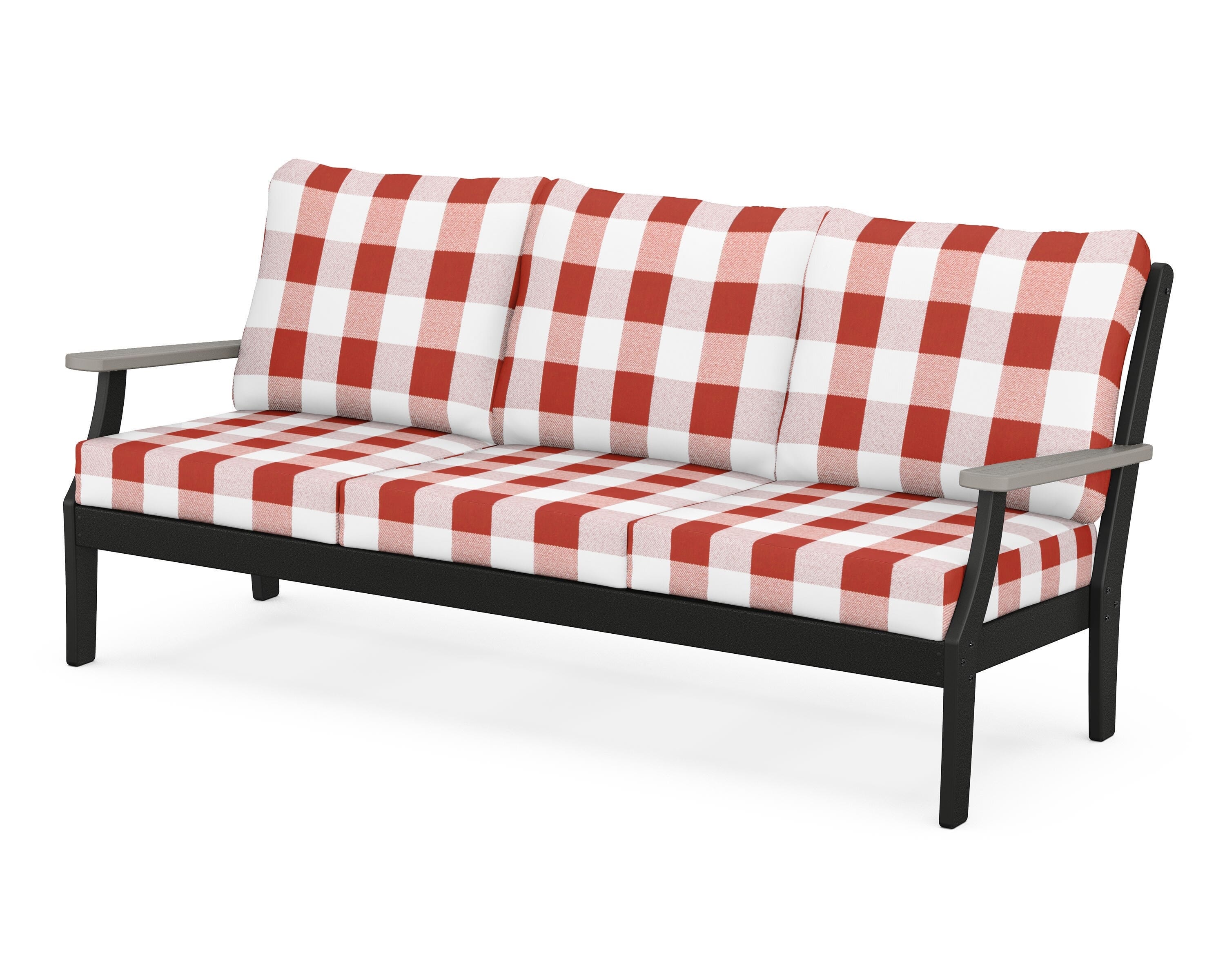 POLYWOOD® Braxton Deep Seating Sofa in Black / Driftwood / Buffalo Plaid Crimson