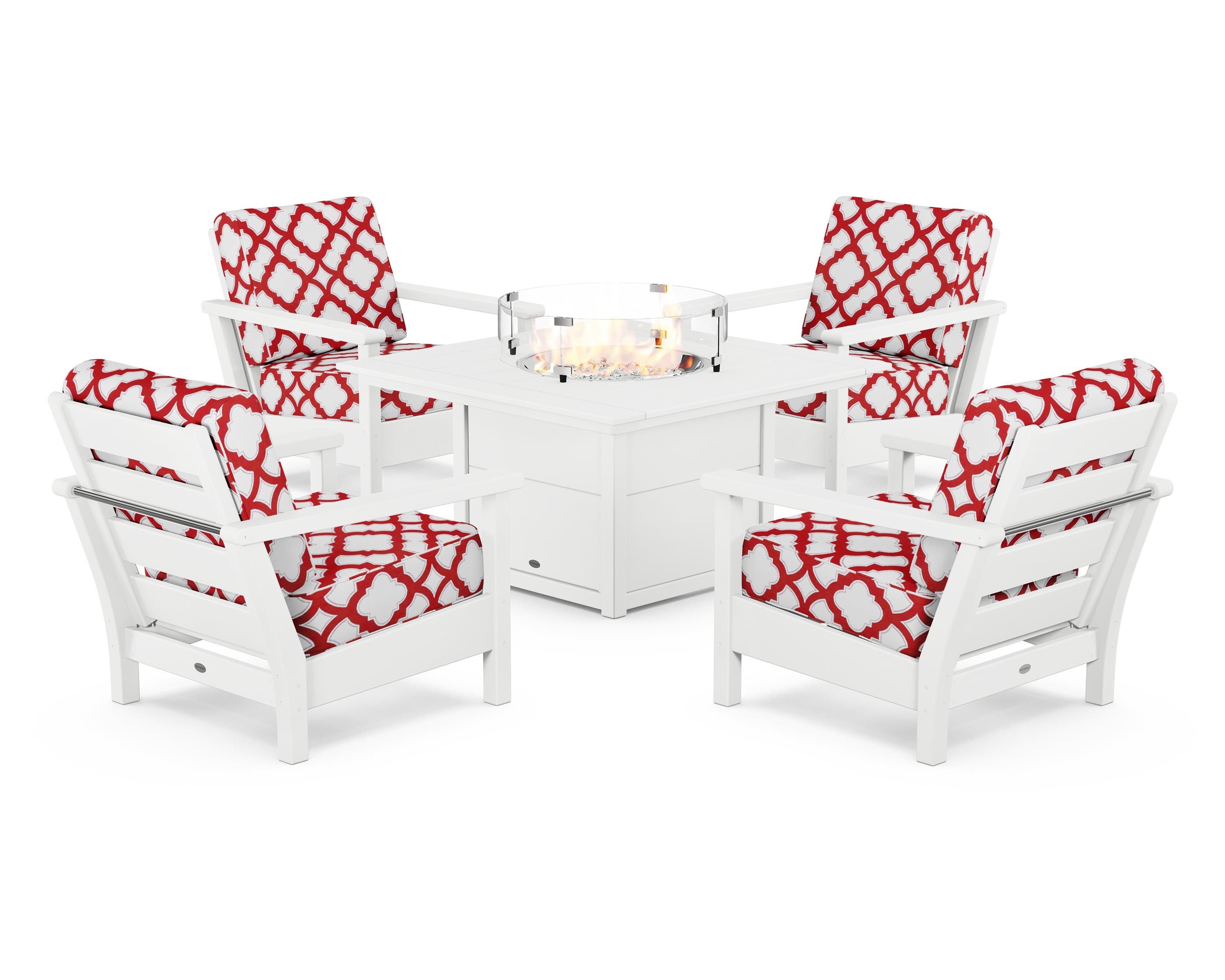 POLYWOOD® Harbour 5-Piece Conversation Set with Fire Pit Table in White / Trellis Crimson