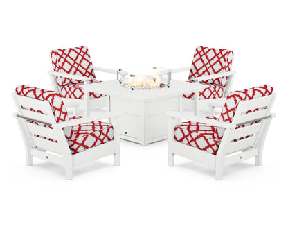 POLYWOOD® Harbour 5-Piece Conversation Set with Fire Pit Table in White / Trellis Crimson
