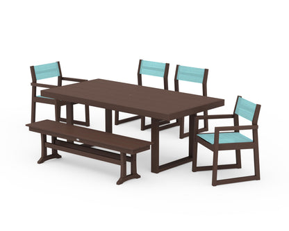 POLYWOOD® EDGE Sling 6-Piece Dining Set with Bench in Mahogany / Dupioni Aquamarine Sling