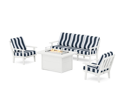 POLYWOOD® Oxford Deep Seating Fire Pit Table Set in White / Cabana Stripe Marine Indigo