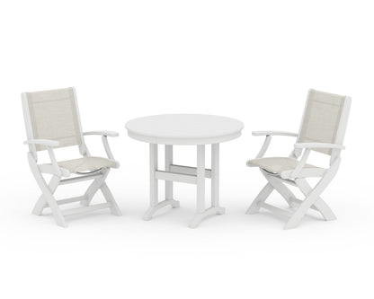 POLYWOOD® Coastal Folding Chair 3-Piece Round Dining Set in White / Parchment Sling