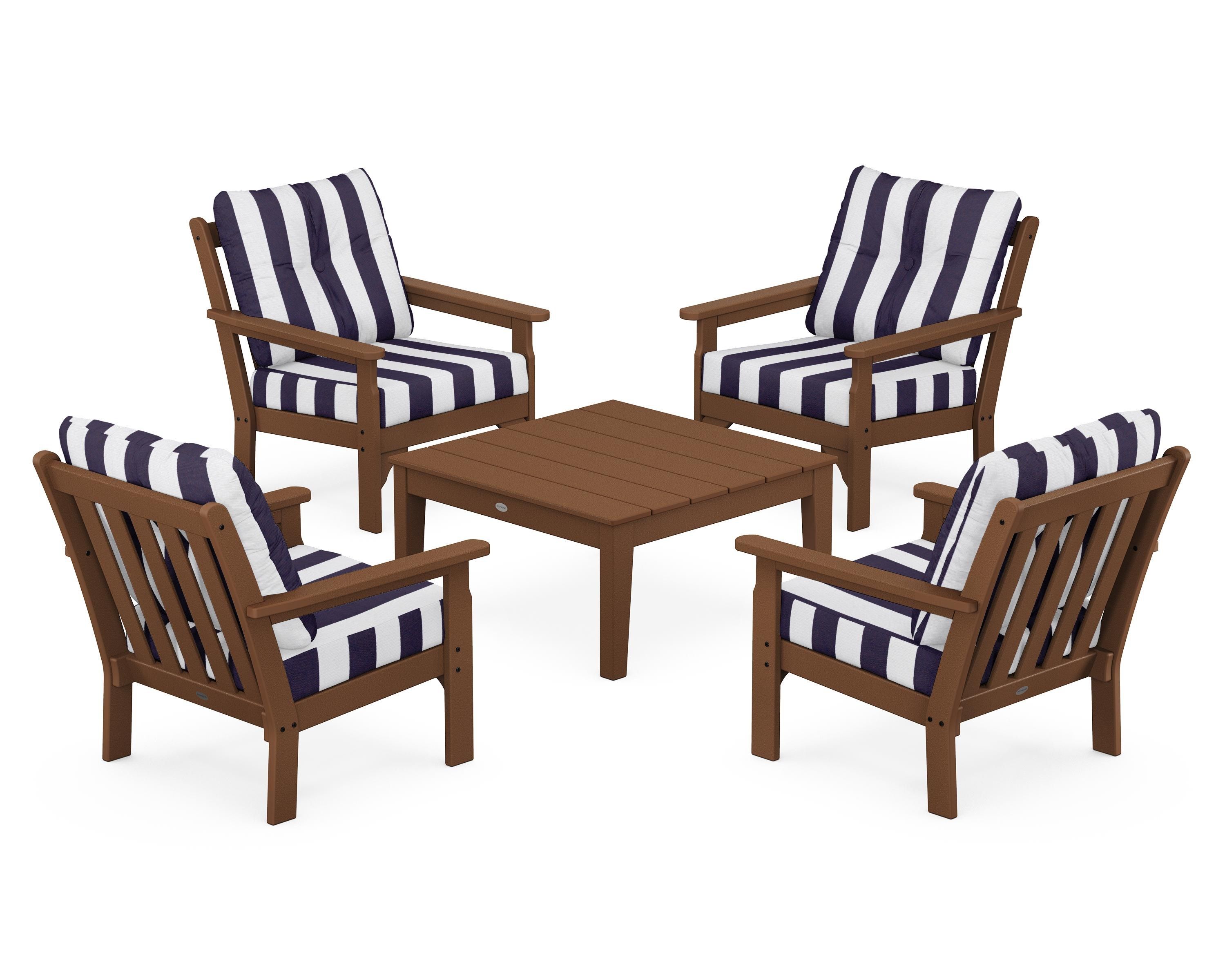 POLYWOOD® Vineyard 5-Piece Deep Seating Conversation Set in Teak / Cabana Stripe Navy