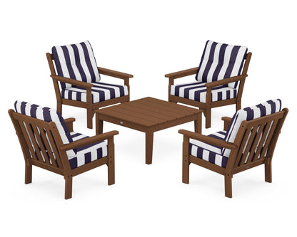 POLYWOOD® Vineyard 5-Piece Deep Seating Conversation Set in Teak / Cabana Stripe Navy