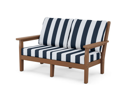 POLYWOOD® Chippendale Deep Seating Loveseat in Teak / Cabana Stripe Marine Indigo