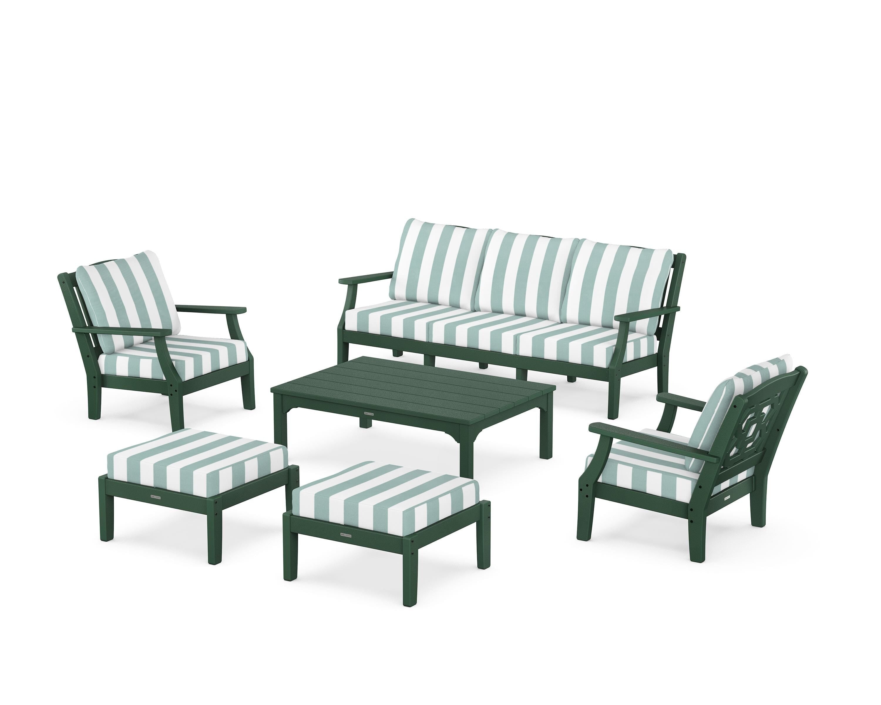 Martha Stewart by POLYWOOD® Chinoiserie 6-Piece Lounge Sofa Set in Green / Cabana Stripe Glacier Spa