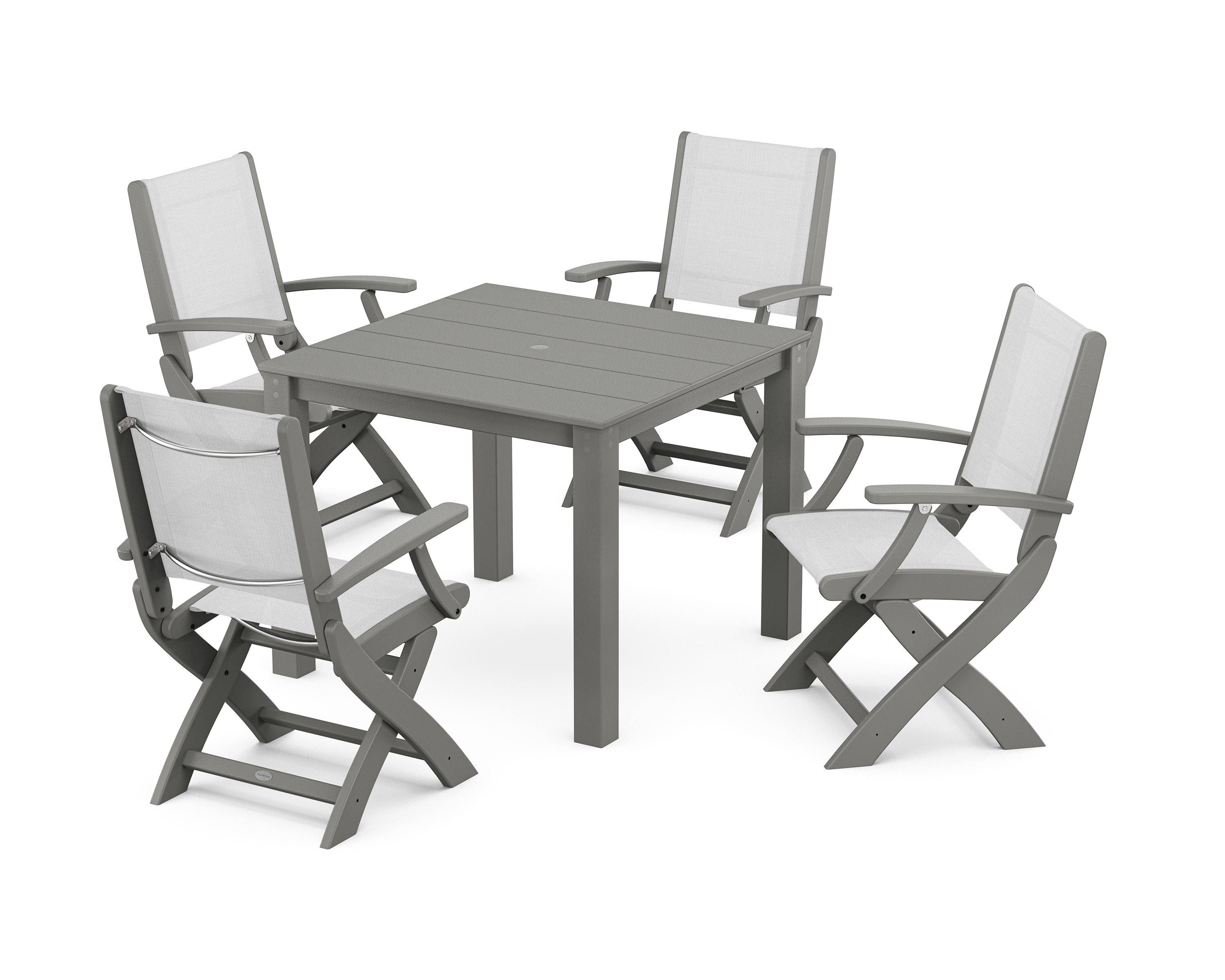 POLYWOOD® Coastal Folding Chair 5-Piece Parsons Dining Set in Slate Grey / White Sling