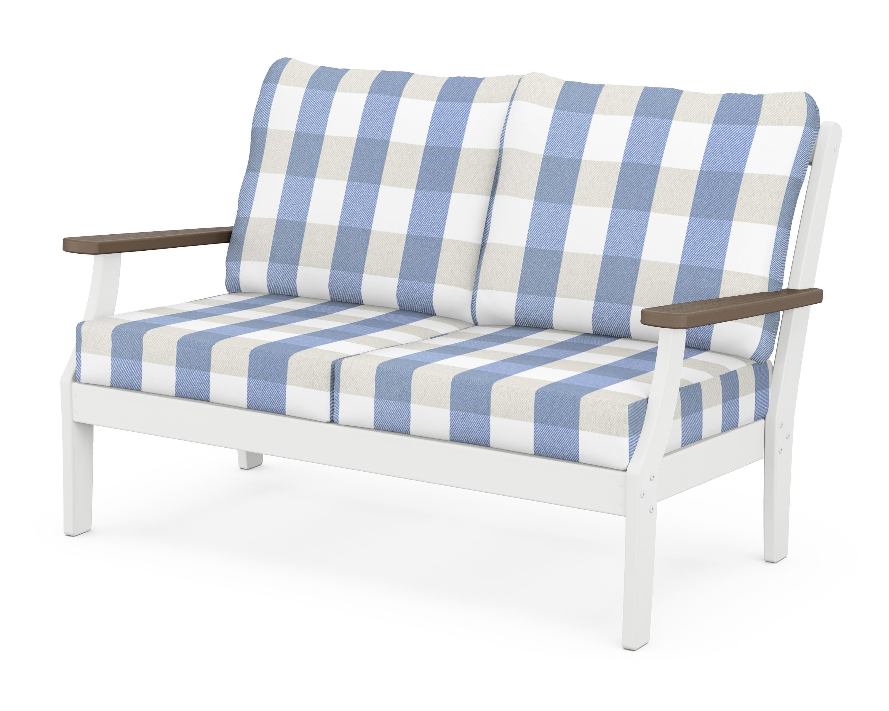 POLYWOOD® Braxton Deep Seating Loveseat in White / Kona / Buffalo Plaid Sky Blue