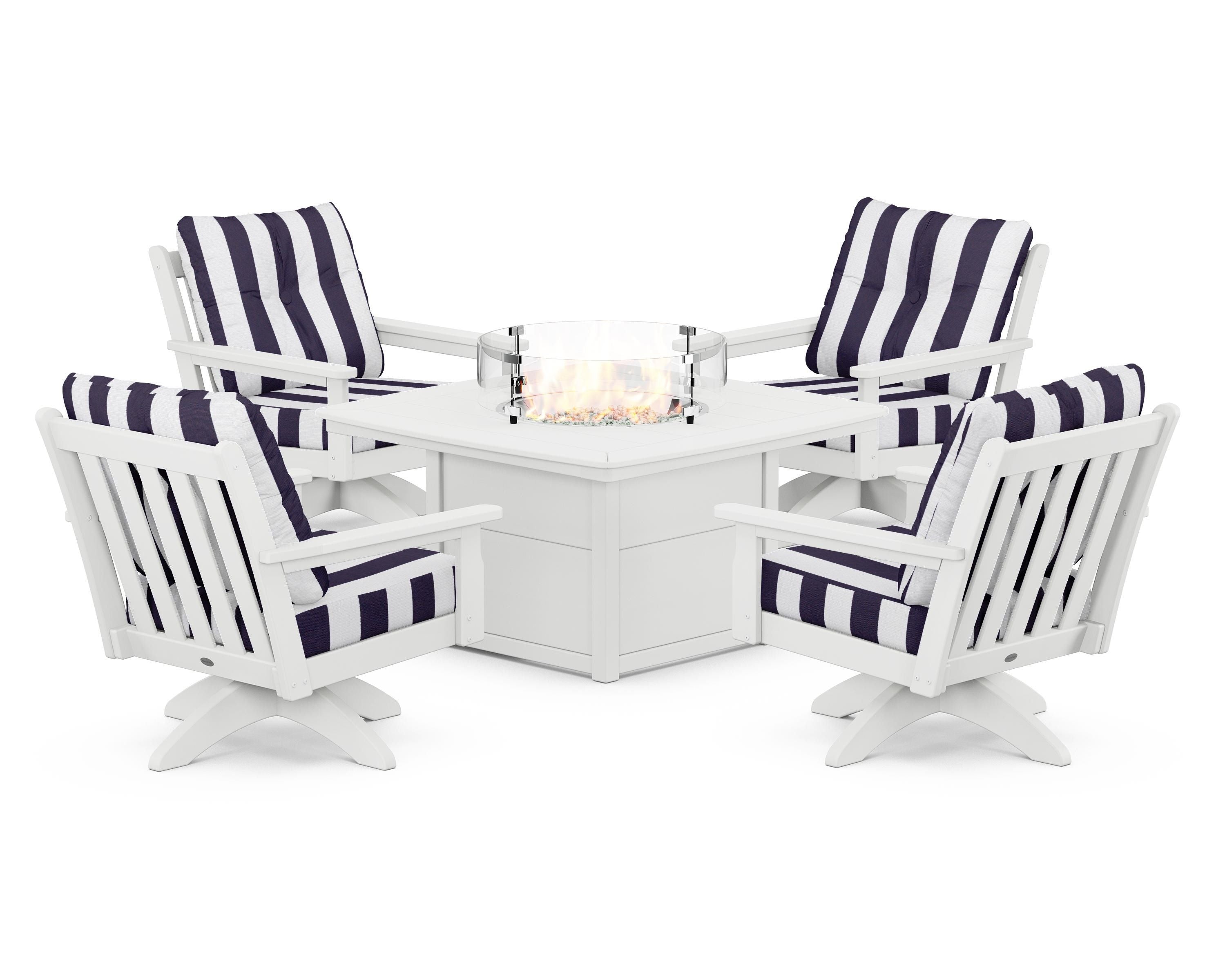 POLYWOOD® Vineyard 5-Piece Deep Seating Swivel Conversation Set with Fire Pit Table in White / Cabana Stripe Navy