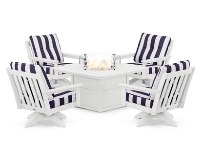 POLYWOOD® Vineyard 5-Piece Deep Seating Swivel Conversation Set with Fire Pit Table in White / Cabana Stripe Navy