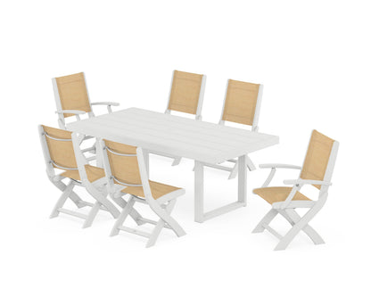 POLYWOOD® Coastal Folding Chair 7-Piece Dining Set with Trestle Legs in White / Dupioni Apricot Sling