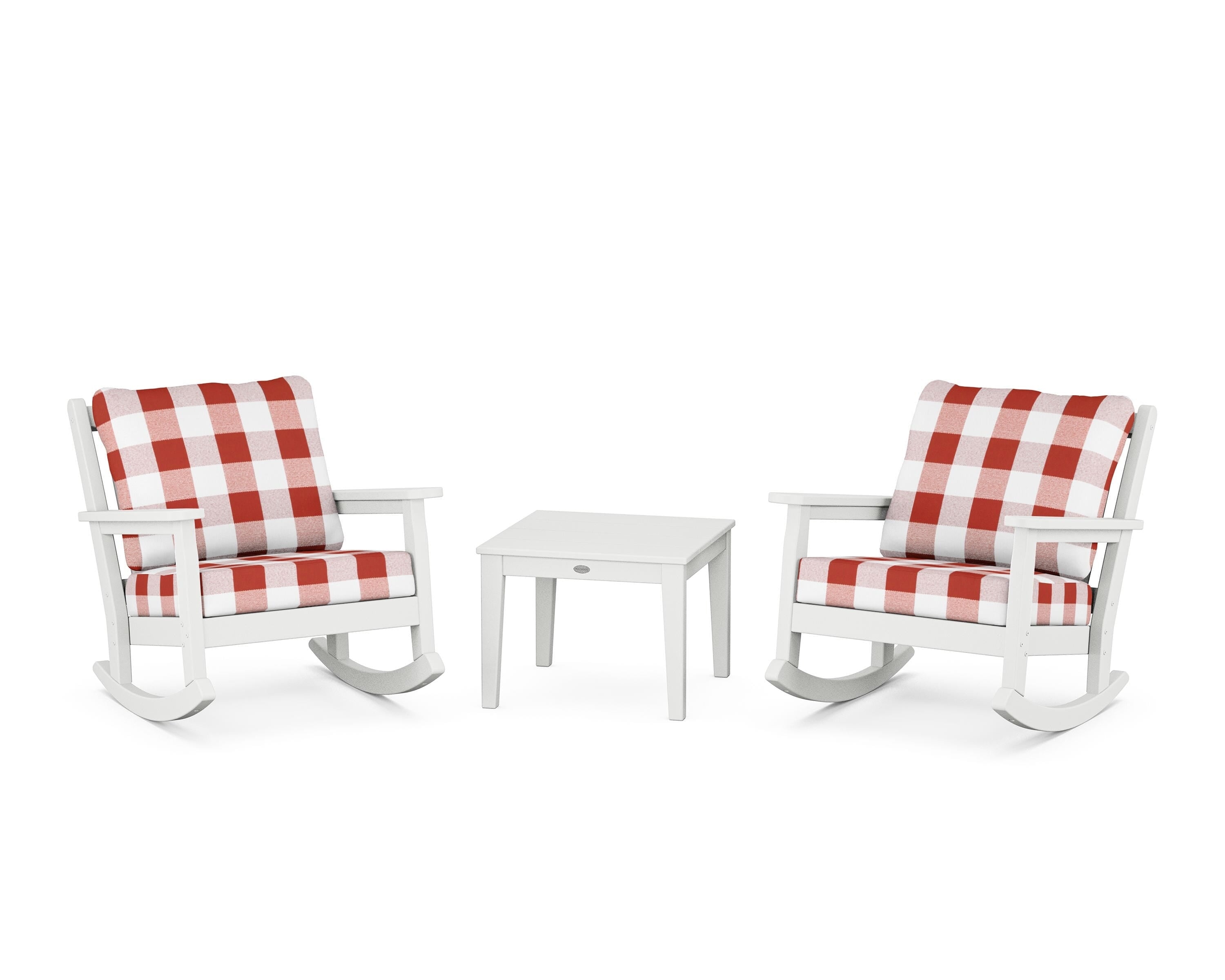 POLYWOOD® Chippendale 3-Piece Deep Seating Rocker Set in White / Buffalo Plaid Crimson