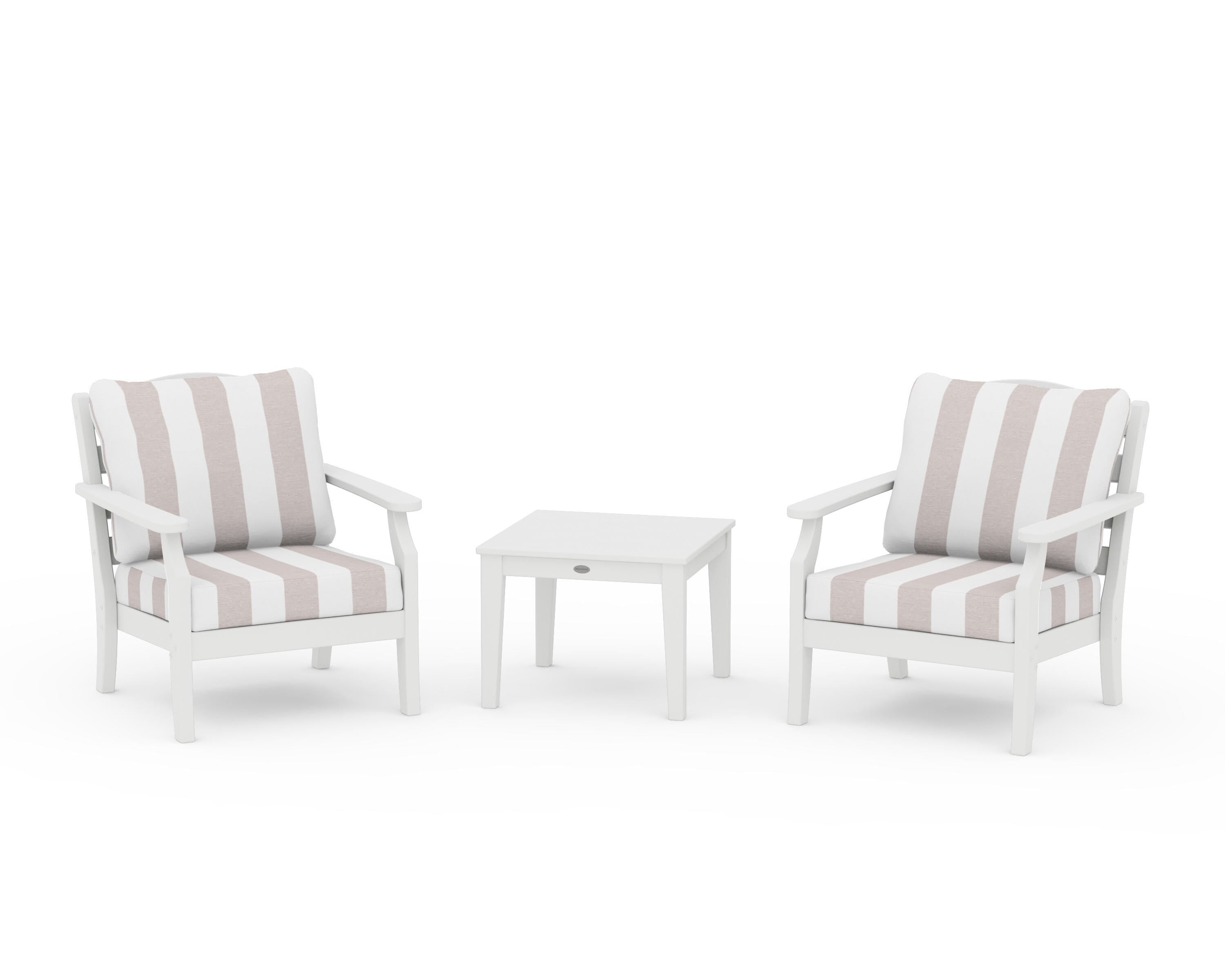 Draper James™ by  POLYWOOD® Savannah 3-Piece Deep Seating Set in White / Cabana Stripe Dune Burlap