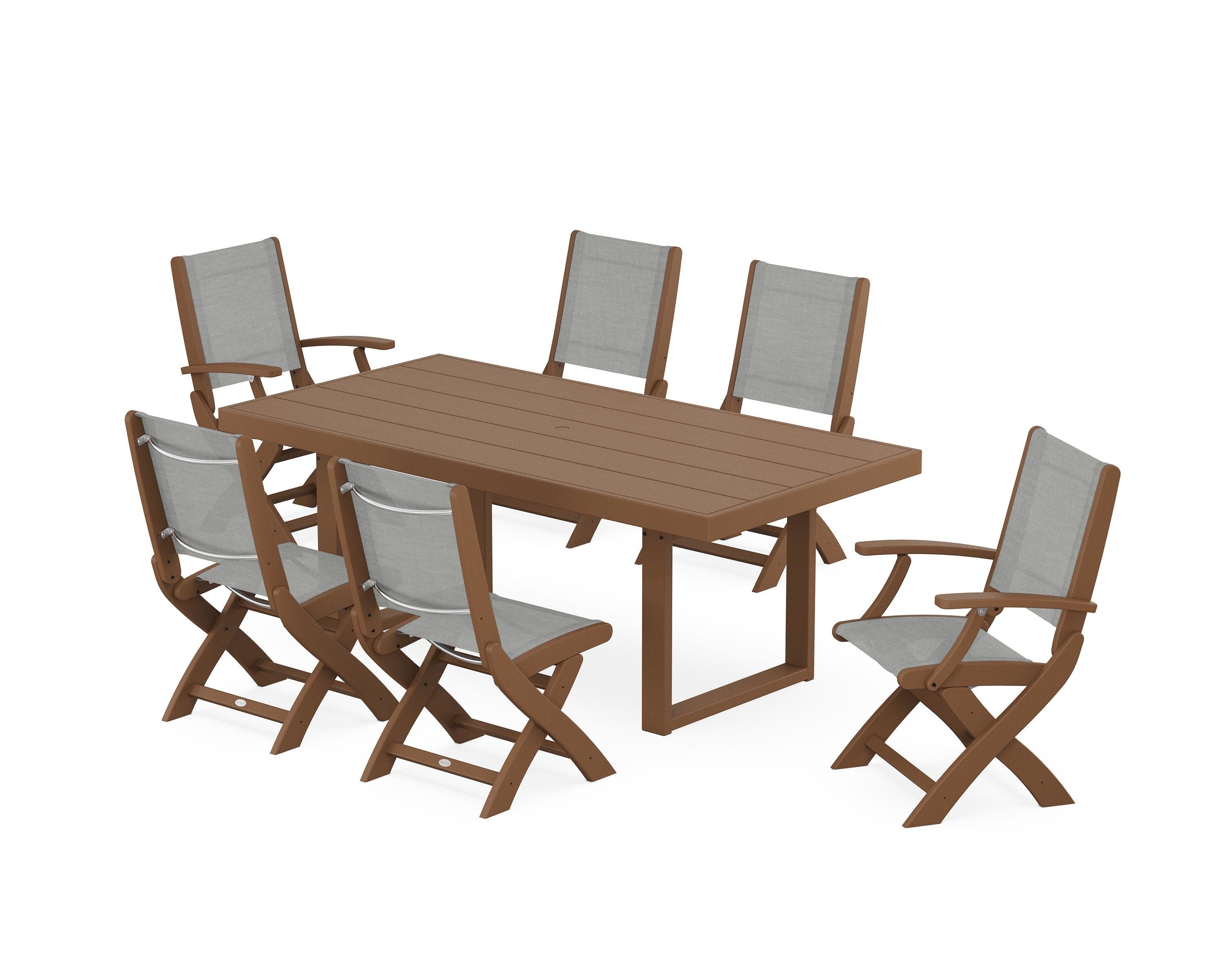 POLYWOOD® Coastal Folding Chair 7-Piece Dining Set with Trestle Legs in Teak / Metallic Sling