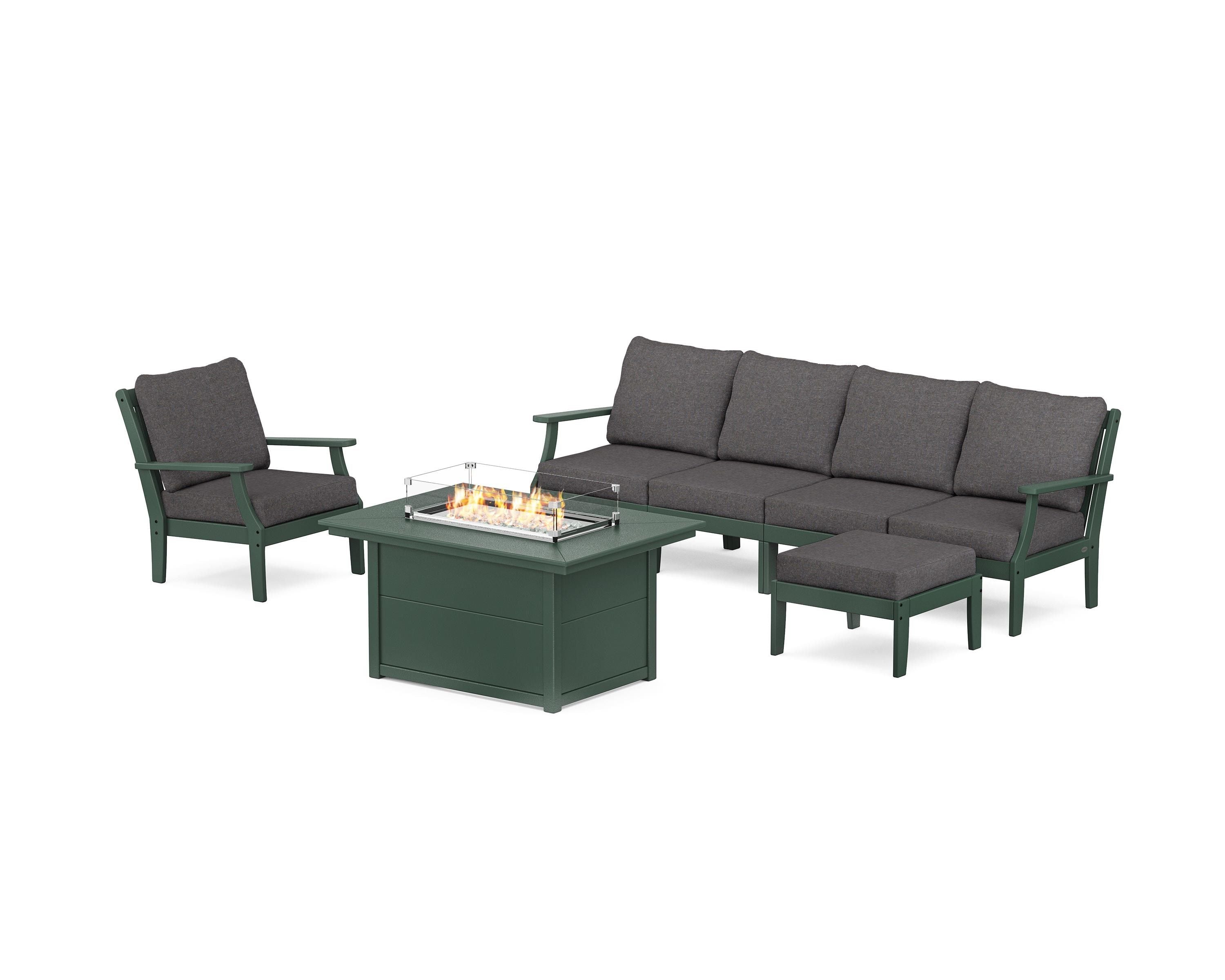 POLYWOOD® Braxton Sectional Lounge and Fire Pit Set in Green / Ash Charcoal