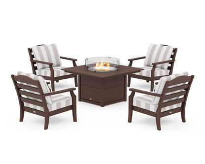 Draper James™ by  POLYWOOD® Savannah 5-Piece Deep Seating Set with Fire Pit Table in Mahogany / Cabana Stripe Dune Burlap