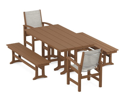 POLYWOOD® Coastal 5-Piece Farmhouse Dining Set in Teak / Birch Sling