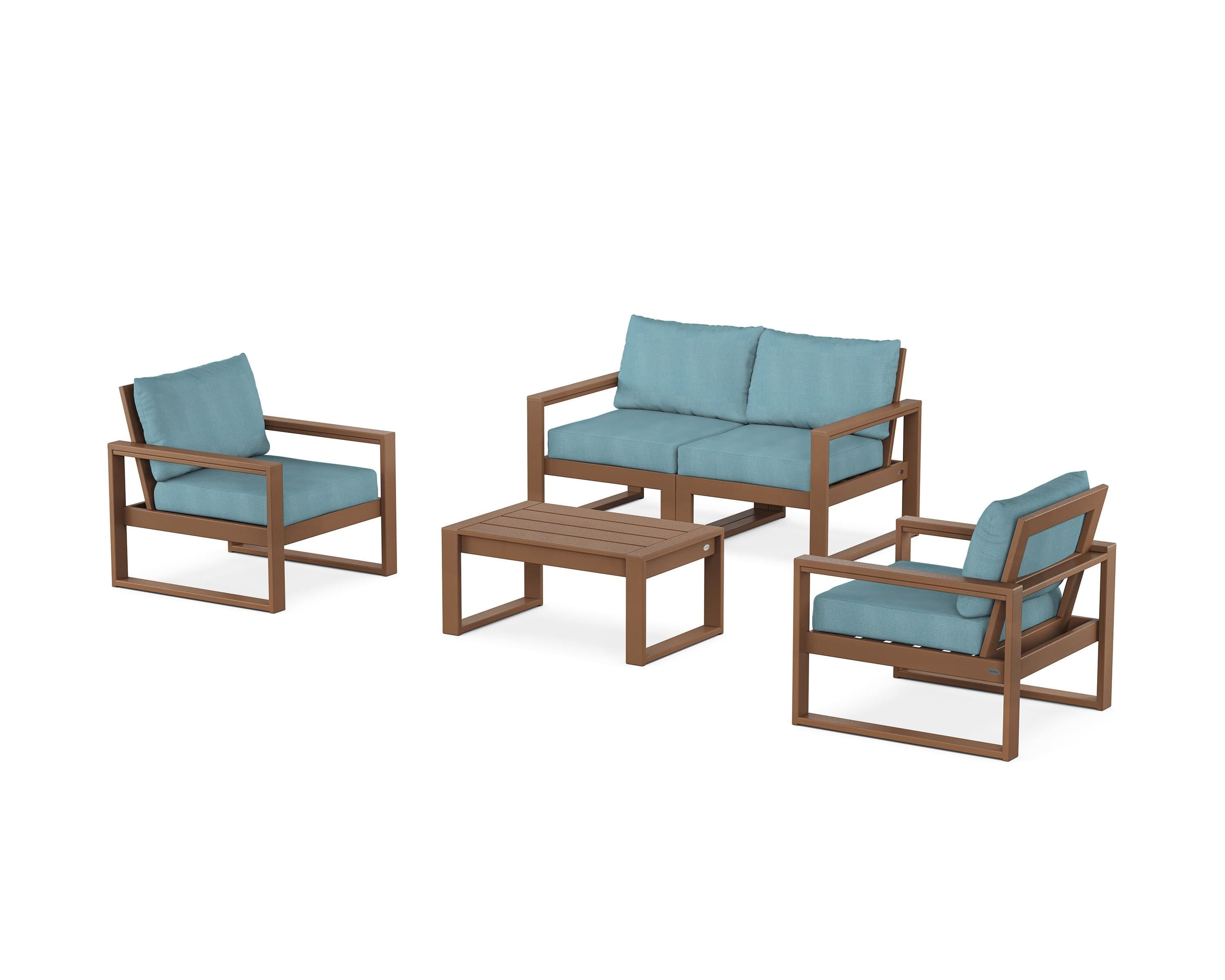 POLYWOOD® EDGE Sectional 4-Piece Deep Seating Set with Loveseat in Teak / Lattice Sky Blue
