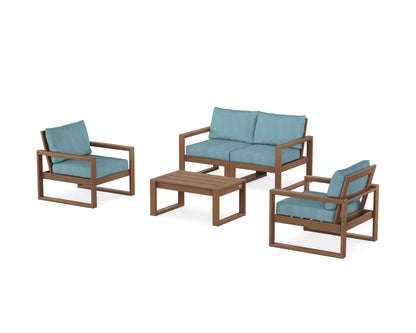 POLYWOOD® EDGE Sectional 4-Piece Deep Seating Set with Loveseat in Teak / Lattice Sky Blue