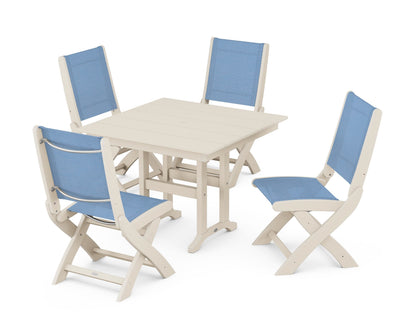 POLYWOOD® Coastal Folding Side Chair 5-Piece Farmhouse Dining Set in Sand / Poolside Sling