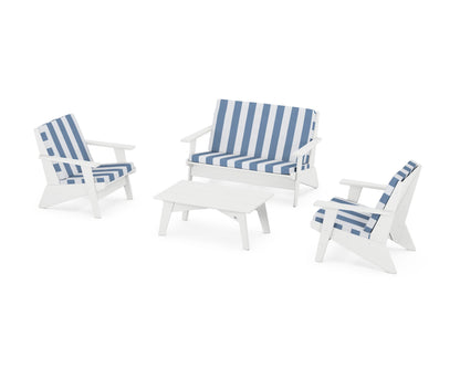POLYWOOD® Riviera Modern Lounge 4-Piece Set in White / Cabana Stripe Sky Blue