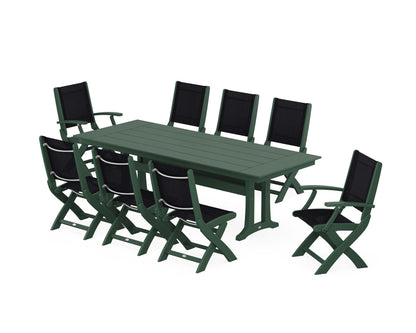 POLYWOOD® Coastal 9-Piece Folding Dining Chair Farmhouse Dining Set with Trestle Legs in Green / Black Sling