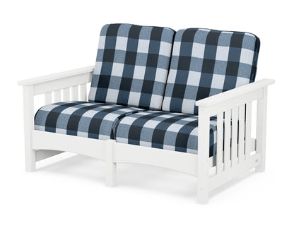 POLYWOOD® Club Mission Loveseat in White / Buffalo Plaid Marine Indigo