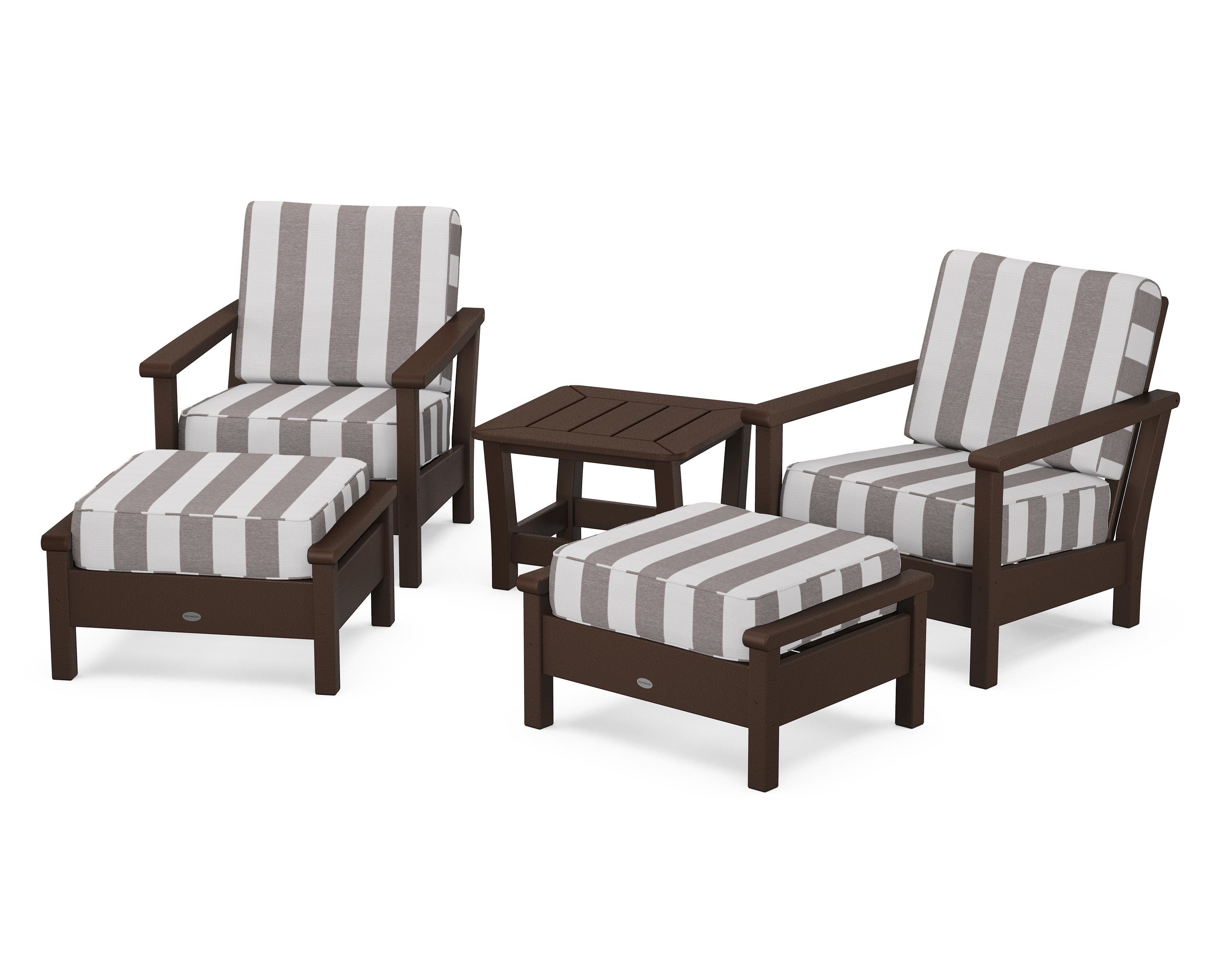 POLYWOOD® Harbour 5-Piece Deep Seating Chair Set in Mahogany / Cabana Stripe Grey Mist